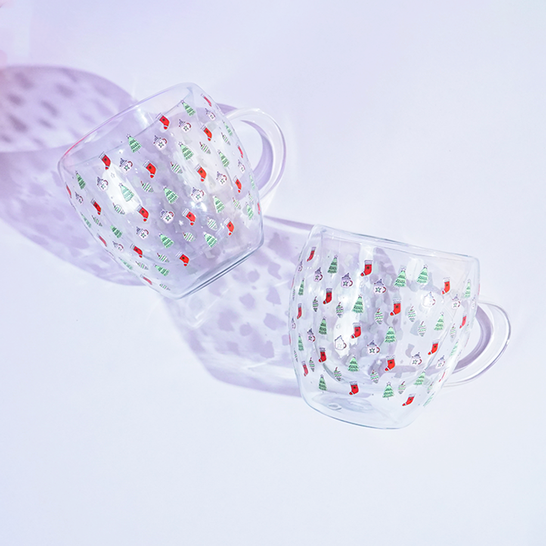 Set-2 Christmas Tree & Stocking -Double Wall Glass Mug