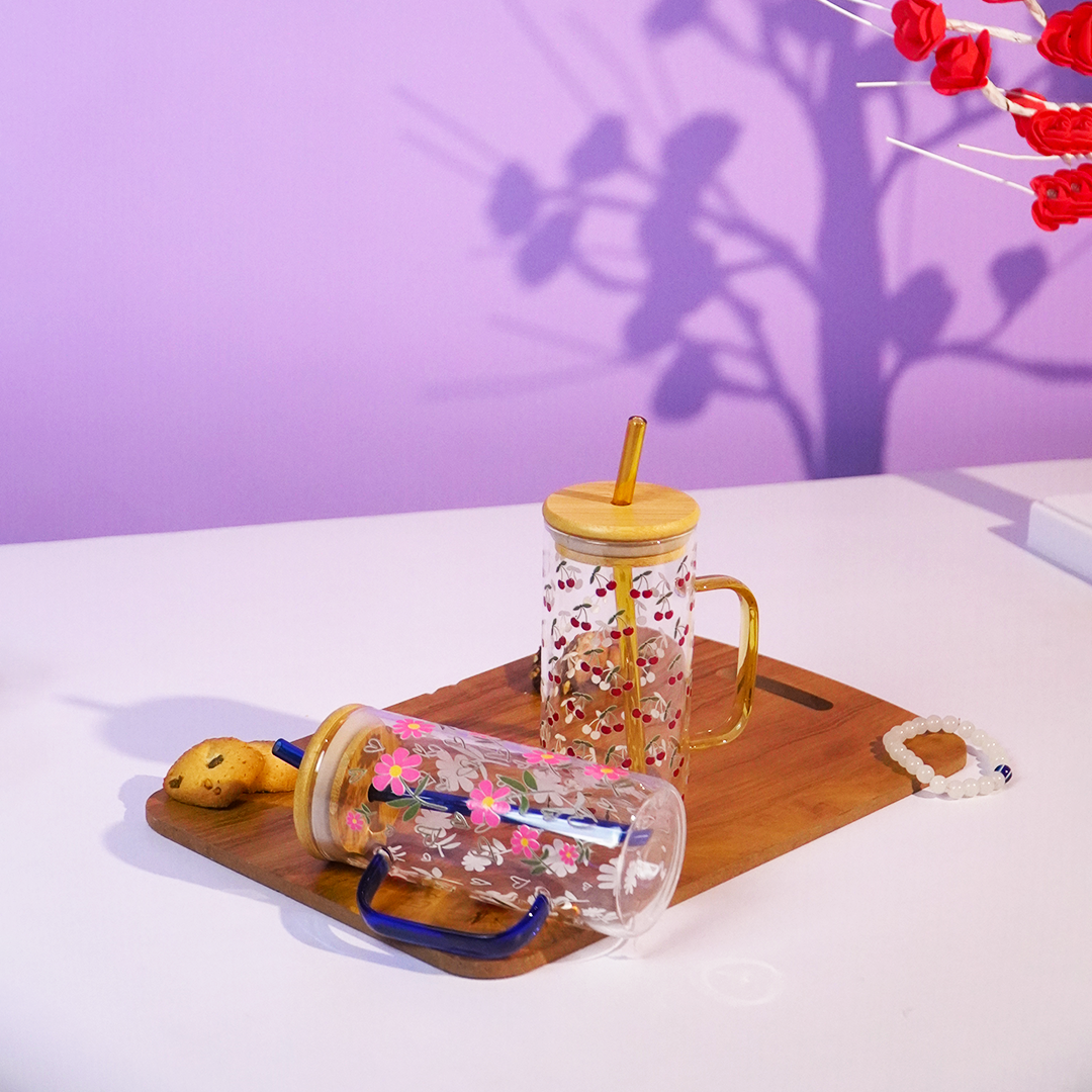 Cherry Bloom Glass Tumbler Set (Set of 2)