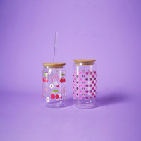 Set of 2 Cherry Pop & Pink Gift Box Glass Tumbler Set – Aesthetic Sipper Cups with Bamboo Lid & Straw