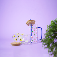 Set of 2 Sunshine & Berry Bliss Glass Tumbler Set – Floral & Strawberry Printed Cups with Bamboo Lid & Straw