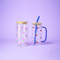 Set of 2 Cherry Blossom Duo Glass Tumbler Set – Floral & Cherry Printed Cups with Bamboo Lid & Straw