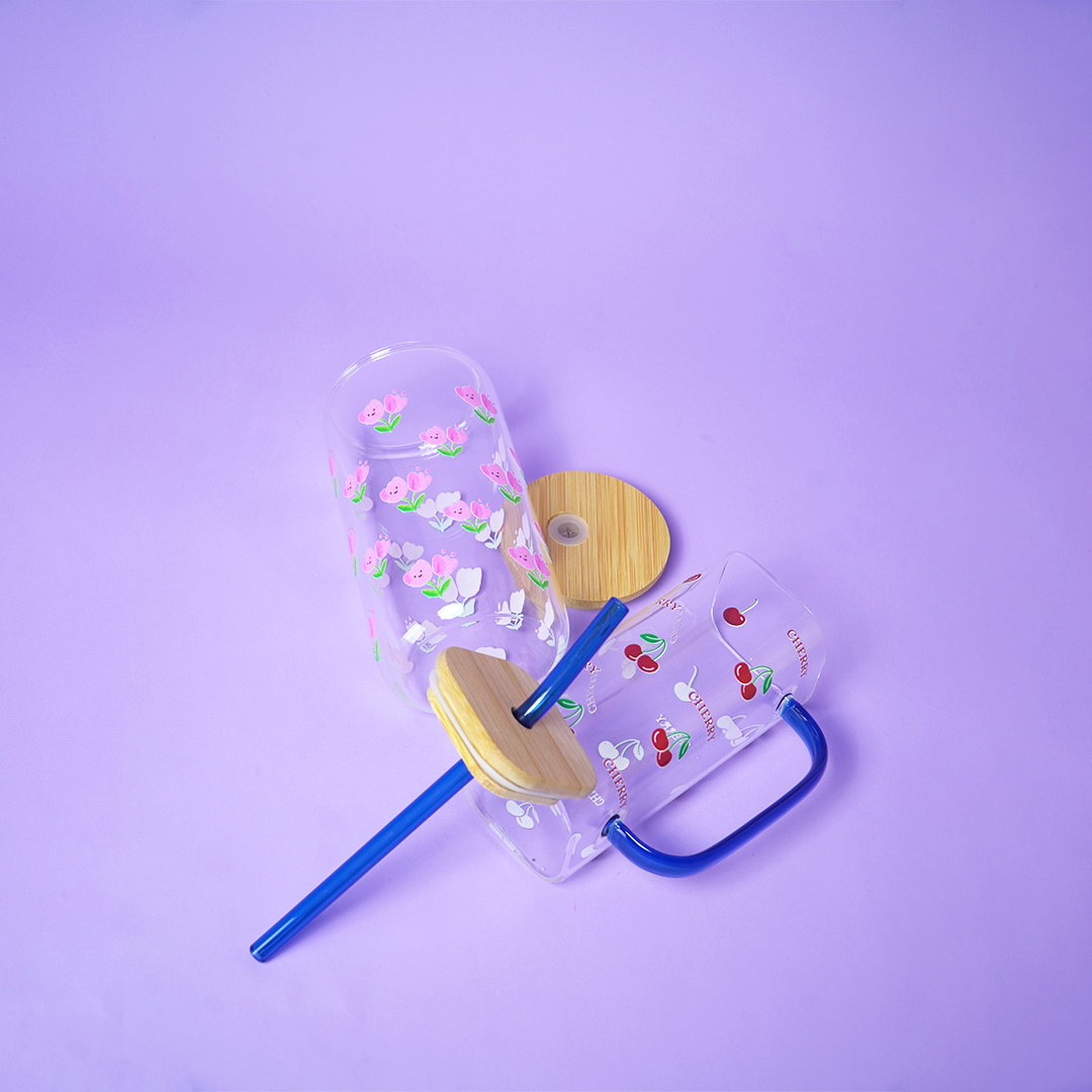 Set of 2 Cherry Blossom Duo Glass Tumbler Set – Floral & Cherry Printed Cups with Bamboo Lid & Straw