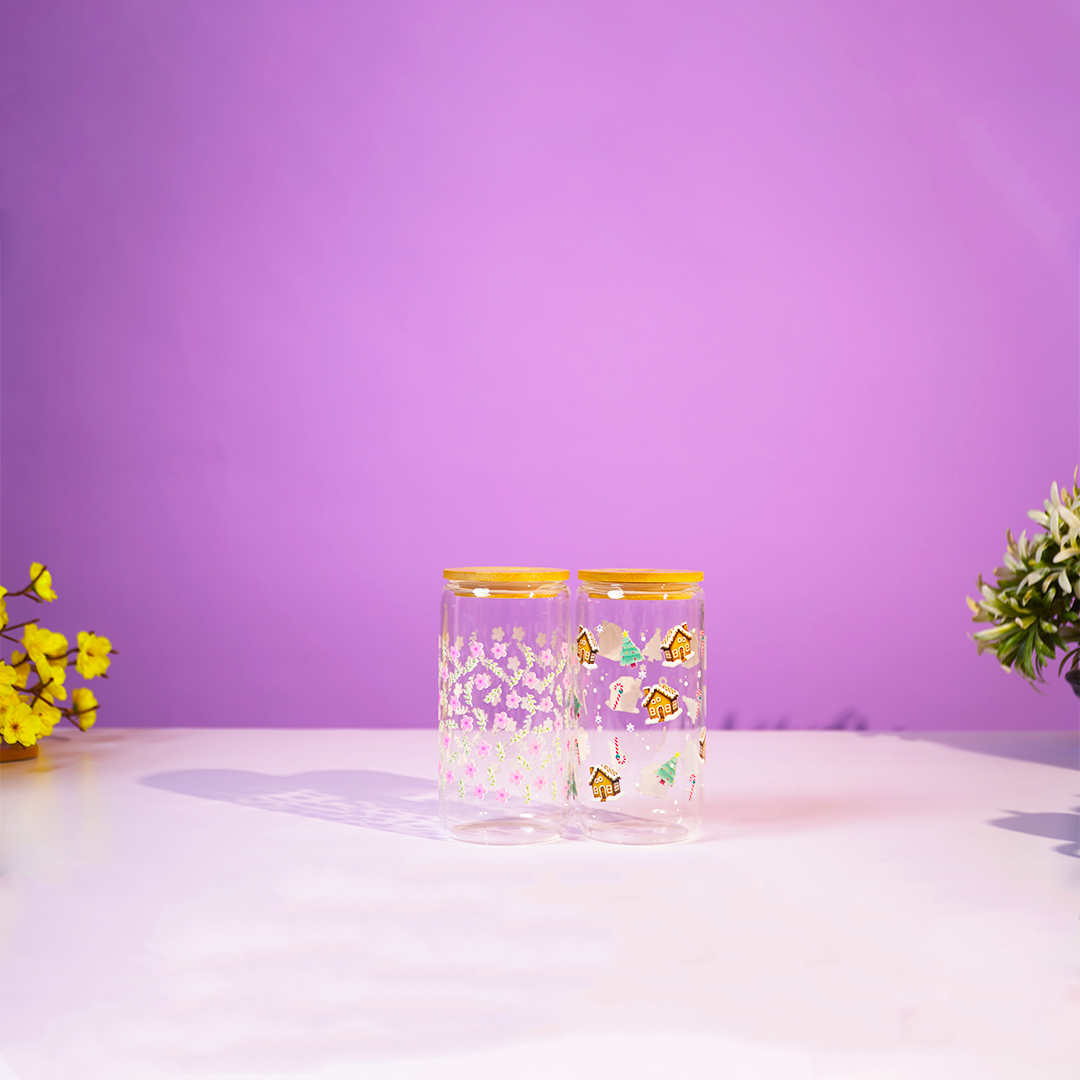 Set of 2 Blossom & Gingerbread Glass Tumbler Set – Aesthetic Floral & Festive Printed Cups with Bamboo Lids