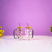 Set of 2 Cherry Blossom & Christmas Delight Glass Tumbler Set  – With Handle, Bamboo Lid & Straw | Aesthetic & Eco-Friendly Sipper Cups