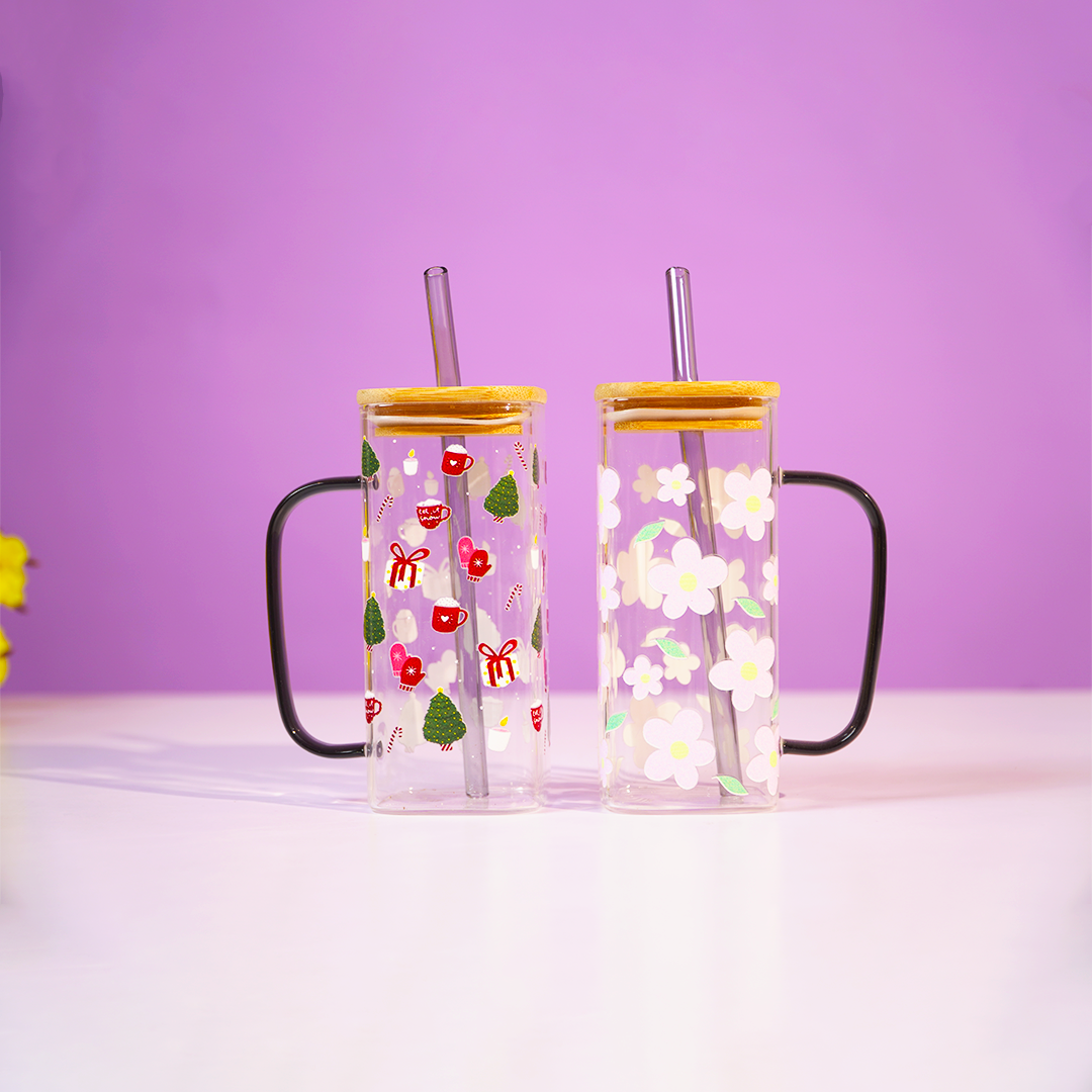 Set of 2 Cherry Blossom & Christmas Delight Glass Tumbler Set  – With Handle, Bamboo Lid & Straw | Aesthetic & Eco-Friendly Sipper Cups