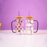 Set of 2 Cherry Blossom & Christmas Delight Glass Tumbler Set  – With Handle, Bamboo Lid & Straw | Aesthetic & Eco-Friendly Sipper Cups