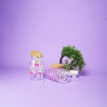 Set of 2 Cherry Pop & Pink Gift Box Glass Tumbler Set – Aesthetic Sipper Cups with Bamboo Lid & Straw