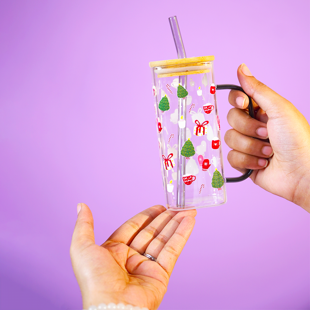 Set of 2 Cherry Blossom & Christmas Delight Glass Tumbler Set  – With Handle, Bamboo Lid & Straw | Aesthetic & Eco-Friendly Sipper Cups