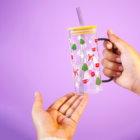Set of 2 Cherry Blossom & Christmas Delight Glass Tumbler Set  – With Handle, Bamboo Lid & Straw | Aesthetic & Eco-Friendly Sipper Cups