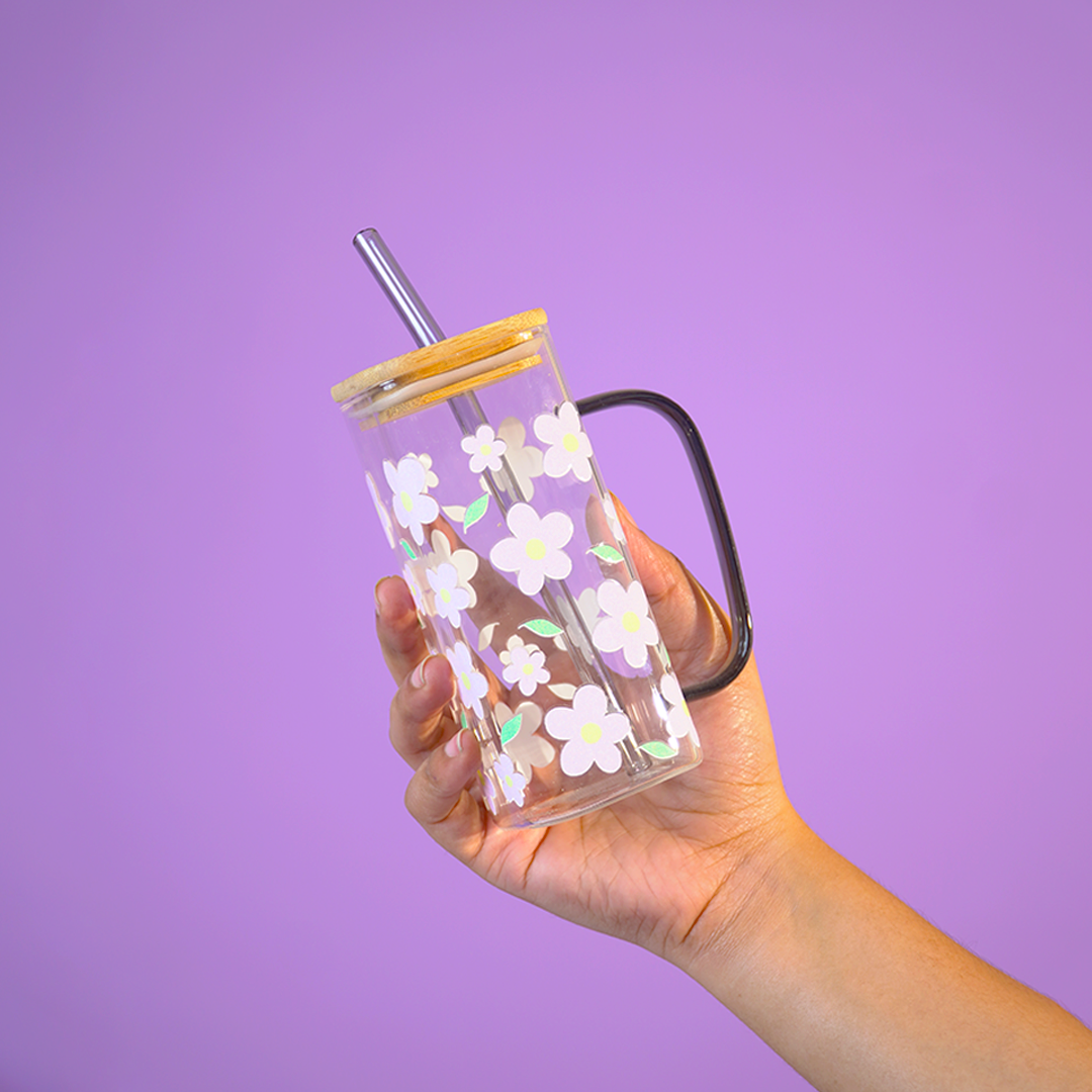 Set of 2 Cherry Blossom & Christmas Delight Glass Tumbler Set  – With Handle, Bamboo Lid & Straw | Aesthetic & Eco-Friendly Sipper Cups