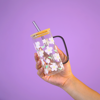 Set of 2 Cherry Blossom & Christmas Delight Glass Tumbler Set  – With Handle, Bamboo Lid & Straw | Aesthetic & Eco-Friendly Sipper Cups