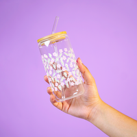 Set of 2 Blossom & Gingerbread Glass Tumbler Set – Aesthetic Floral & Festive Printed Cups with Bamboo Lids