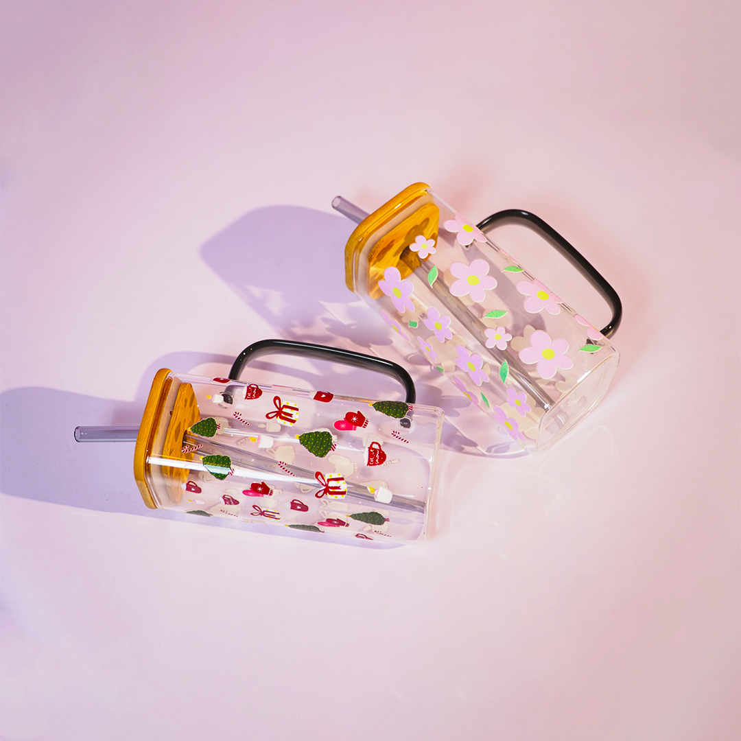 Set of 2 Cherry Blossom & Christmas Delight Glass Tumbler Set  – With Handle, Bamboo Lid & Straw | Aesthetic & Eco-Friendly Sipper Cups