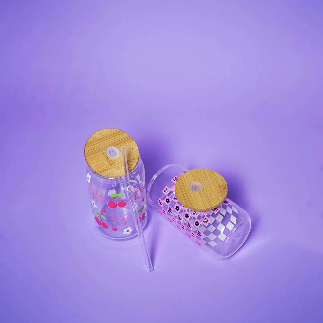 Set of 2 Cherry Pop & Pink Gift Box Glass Tumbler Set – Aesthetic Sipper Cups with Bamboo Lid & Straw