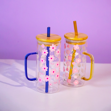 Set of 2 Blossom Glass Tumbler with Bamboo Lid & Straw
