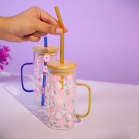 Set of 2 Blossom Glass Tumbler with Bamboo Lid & Straw