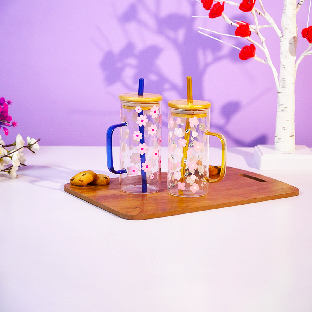 Set of 2 Blossom Glass Tumbler with Bamboo Lid & Straw