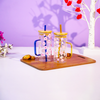 Set of 2 Blossom Glass Tumbler with Bamboo Lid & Straw