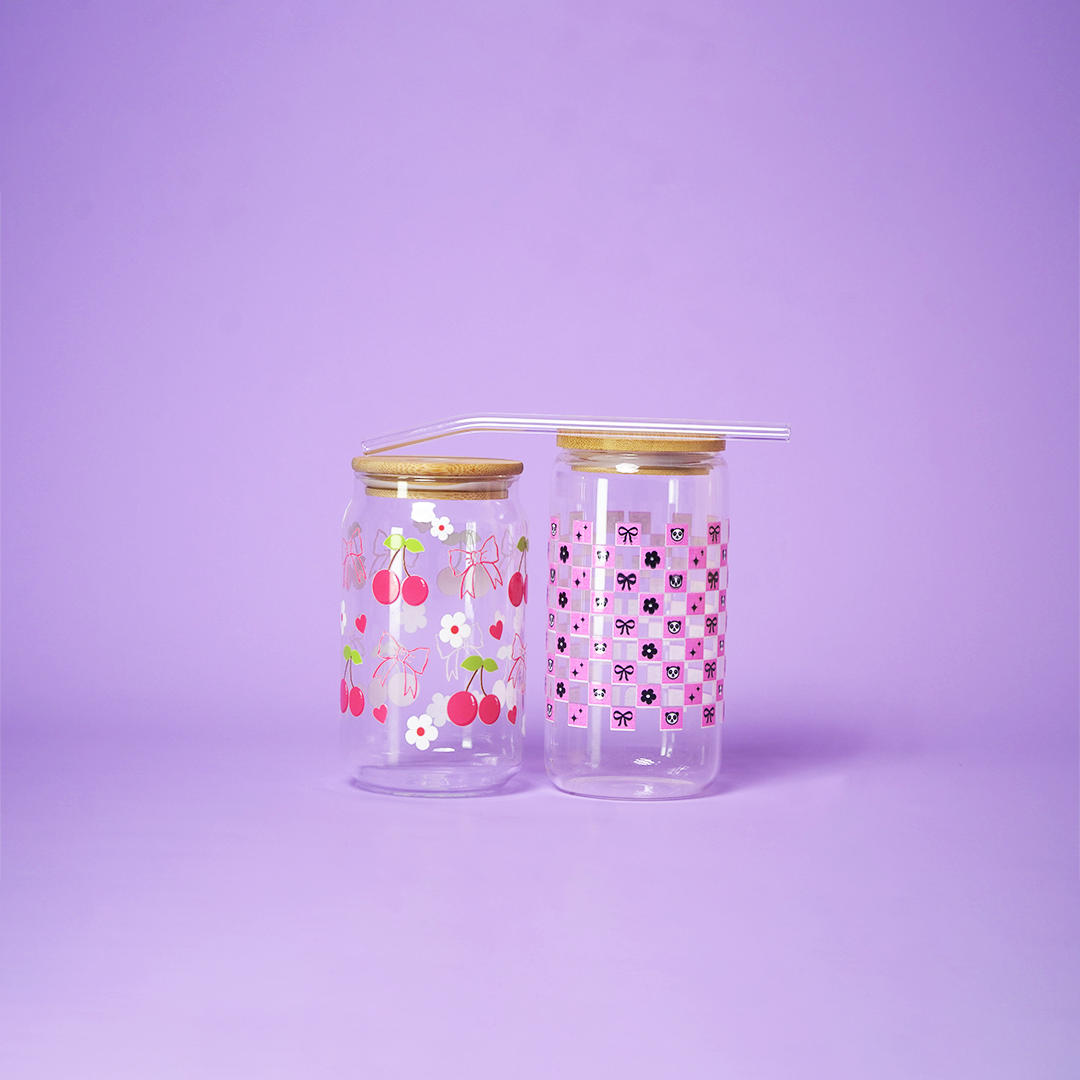 Set of 2 Cherry Pop & Pink Gift Box Glass Tumbler Set – Aesthetic Sipper Cups with Bamboo Lid & Straw