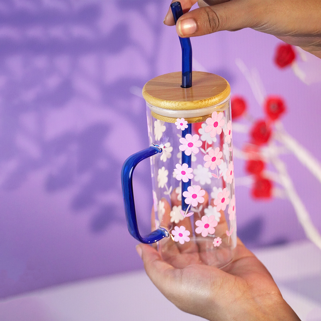 Set of 2 Blossom Glass Tumbler with Bamboo Lid & Straw