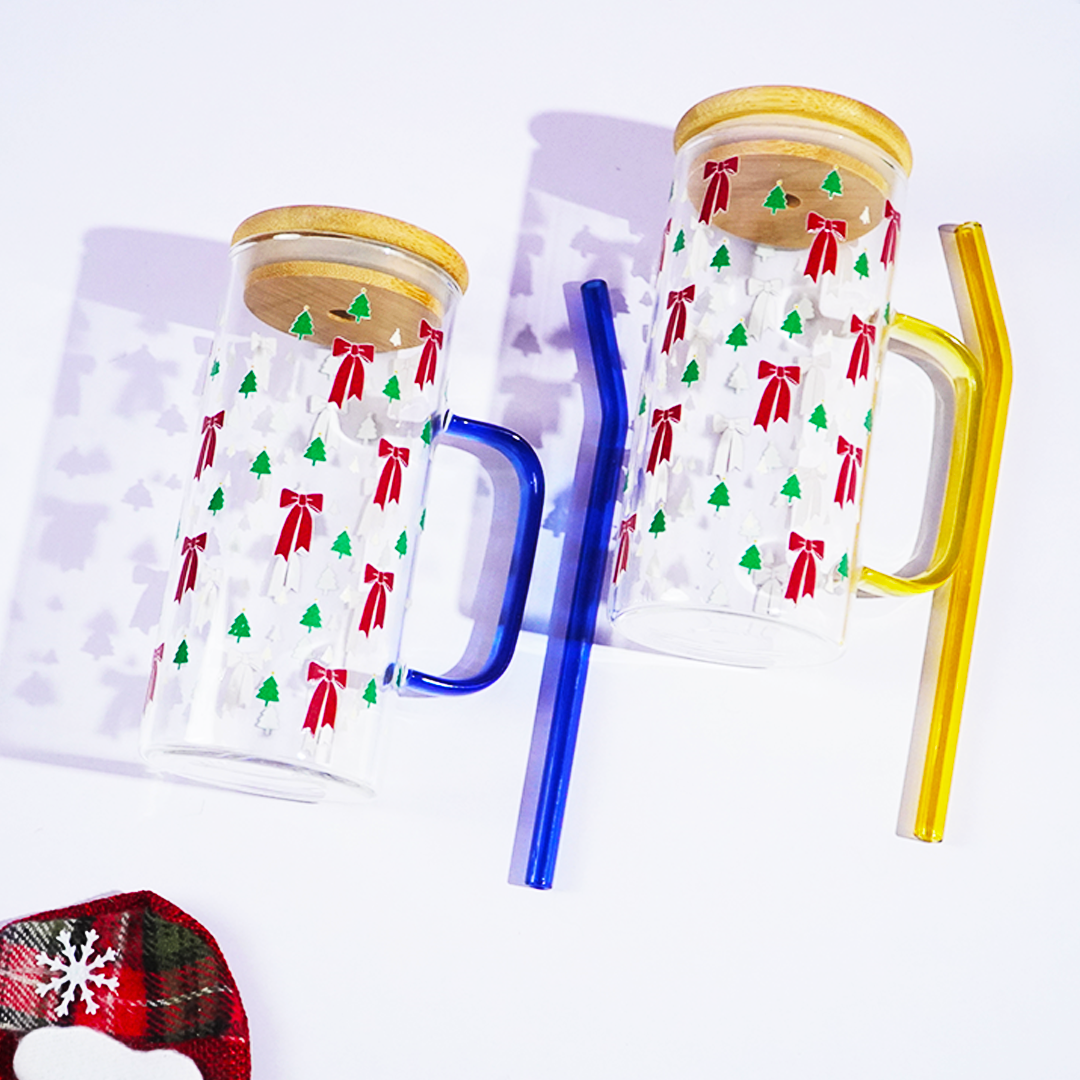 Bow and Little Christmas Tree Glass Tumbler with Handle & Bamboo Lid – Set of 2 | Festive Holiday Design with Straw