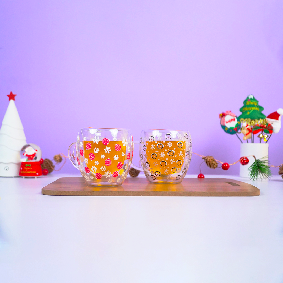 Set of 2 Frosted Cheer Glass Mug Set | Christmas Snowflake & Penguin Design