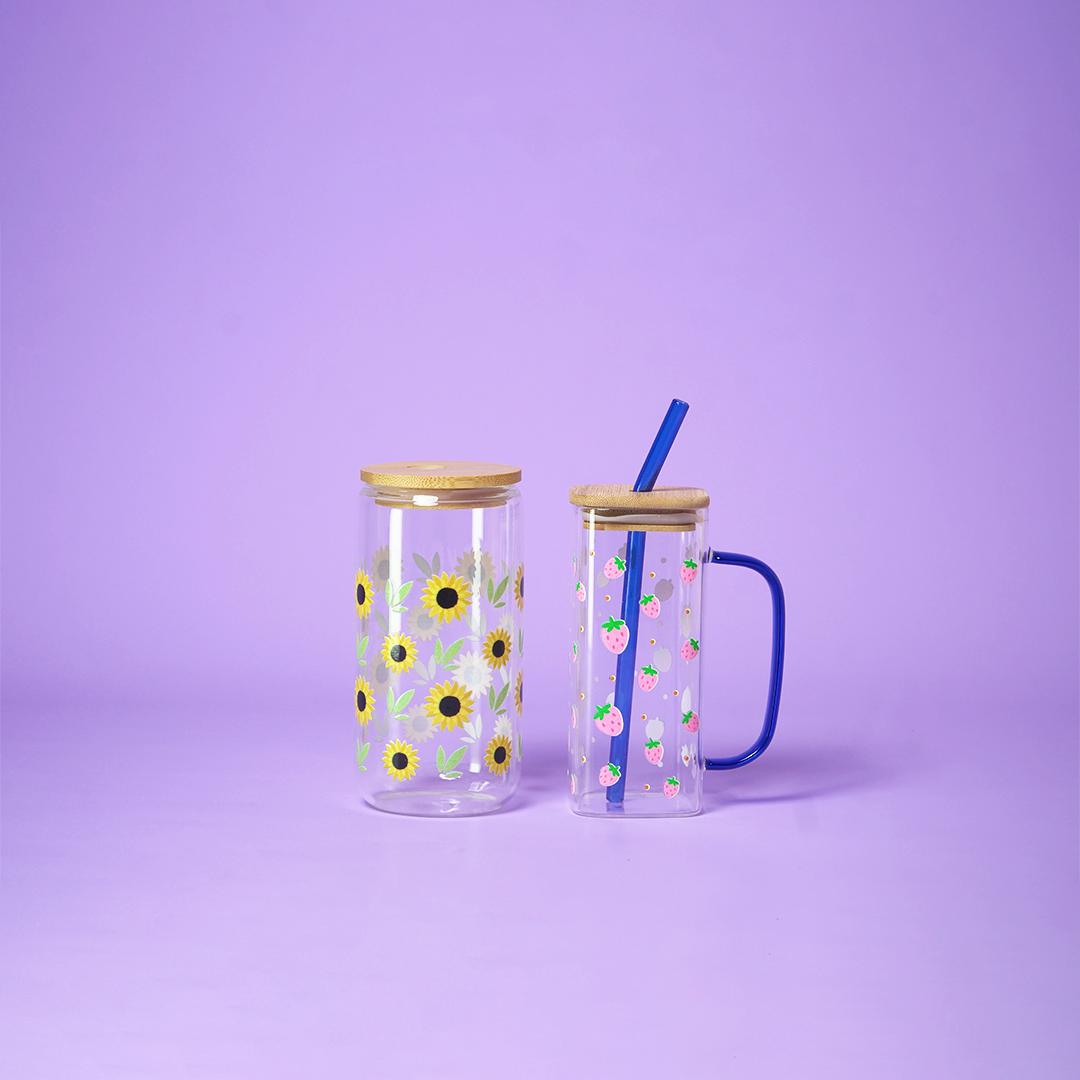 Set of 2 Sunshine & Berry Bliss Glass Tumbler Set – Floral & Strawberry Printed Cups with Bamboo Lid & Straw