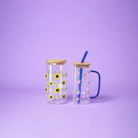 Set of 2 Sunshine & Berry Bliss Glass Tumbler Set – Floral & Strawberry Printed Cups with Bamboo Lid & Straw