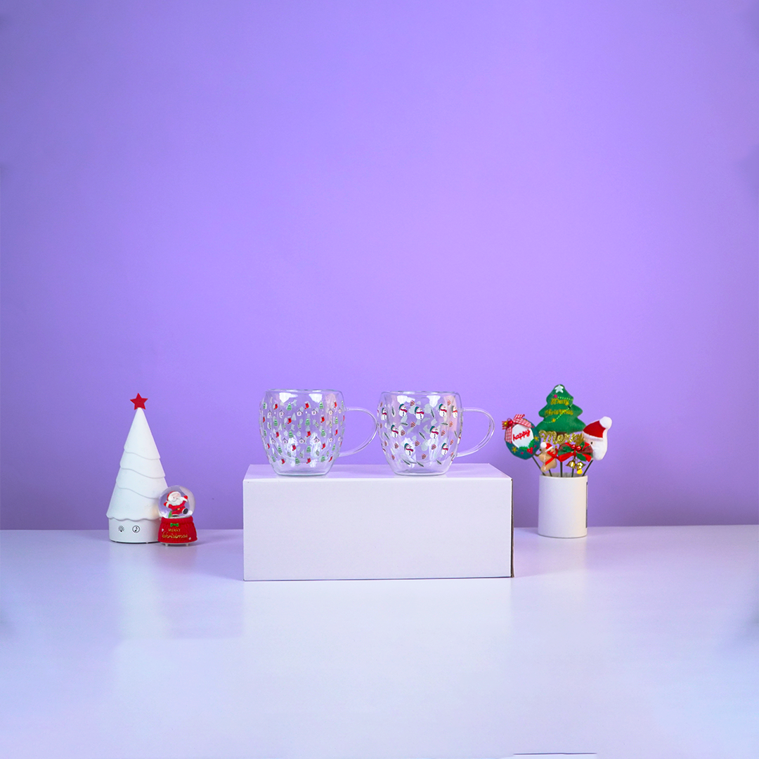 Set of 2 Snowy Cheer Glass Mug – Festive Sips, Merry Vibes! 🎄☕