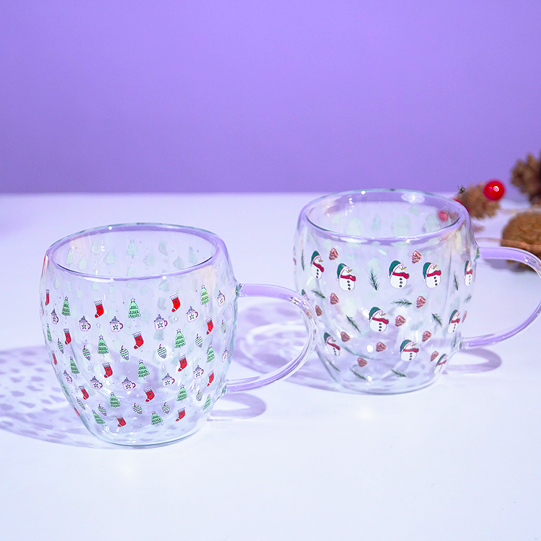 Set of 2 Snowy Cheer Glass Mug – Festive Sips, Merry Vibes! 🎄☕