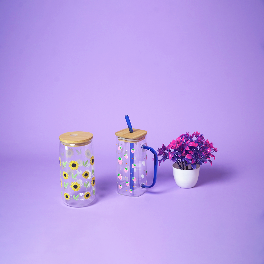 Set of 2 Sunshine & Berry Bliss Glass Tumbler Set – Floral & Strawberry Printed Cups with Bamboo Lid & Straw