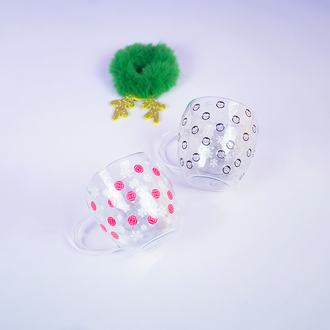 Set of 2 Frosted Cheer Glass Mug Set | Christmas Snowflake & Penguin Design