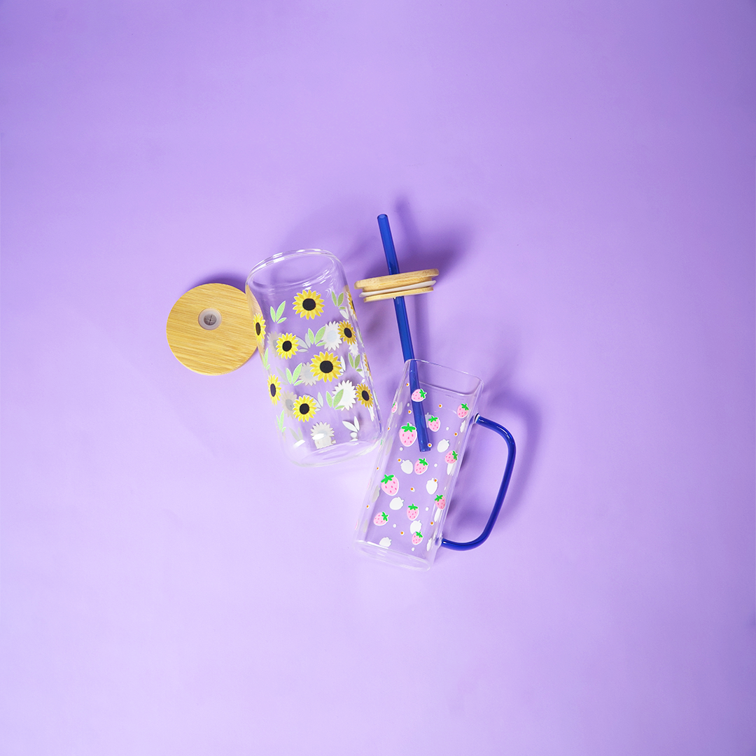 Set of 2 Sunshine & Berry Bliss Glass Tumbler Set – Floral & Strawberry Printed Cups with Bamboo Lid & Straw