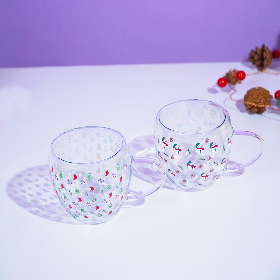 Set of 2 Snowy Cheer Glass Mug – Festive Sips, Merry Vibes! 🎄☕