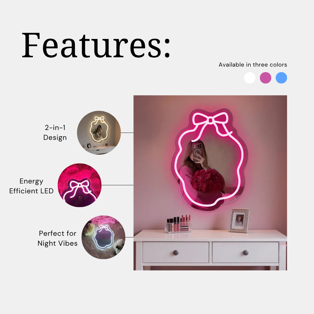 Cute Bow Neon Mirror — Acrylic LED Vanity Mirror