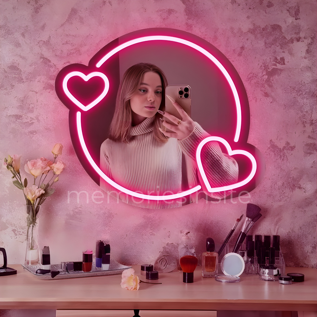 💗 Dual-Heart Neon Acrylic Mirror — Love Glow Vanity Wall Decor