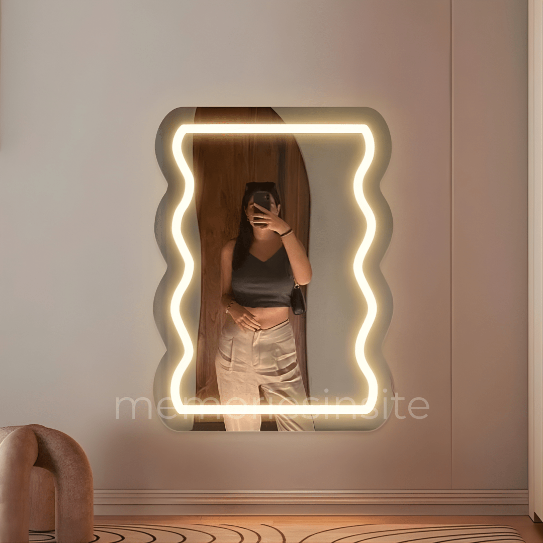 Wavy Rectangle Neon Acrylic Mirror — Modern Warm Glow Wall Decor - Memories InsiteWAVY RECTANGLE ACRYLIC NEON MIRROR- 6*8.5 INCH