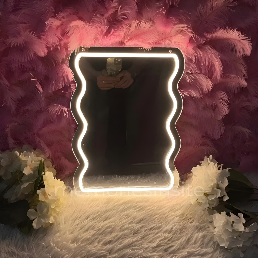Wavy Rectangle Neon Acrylic Mirror — Modern Warm Glow Wall Decor