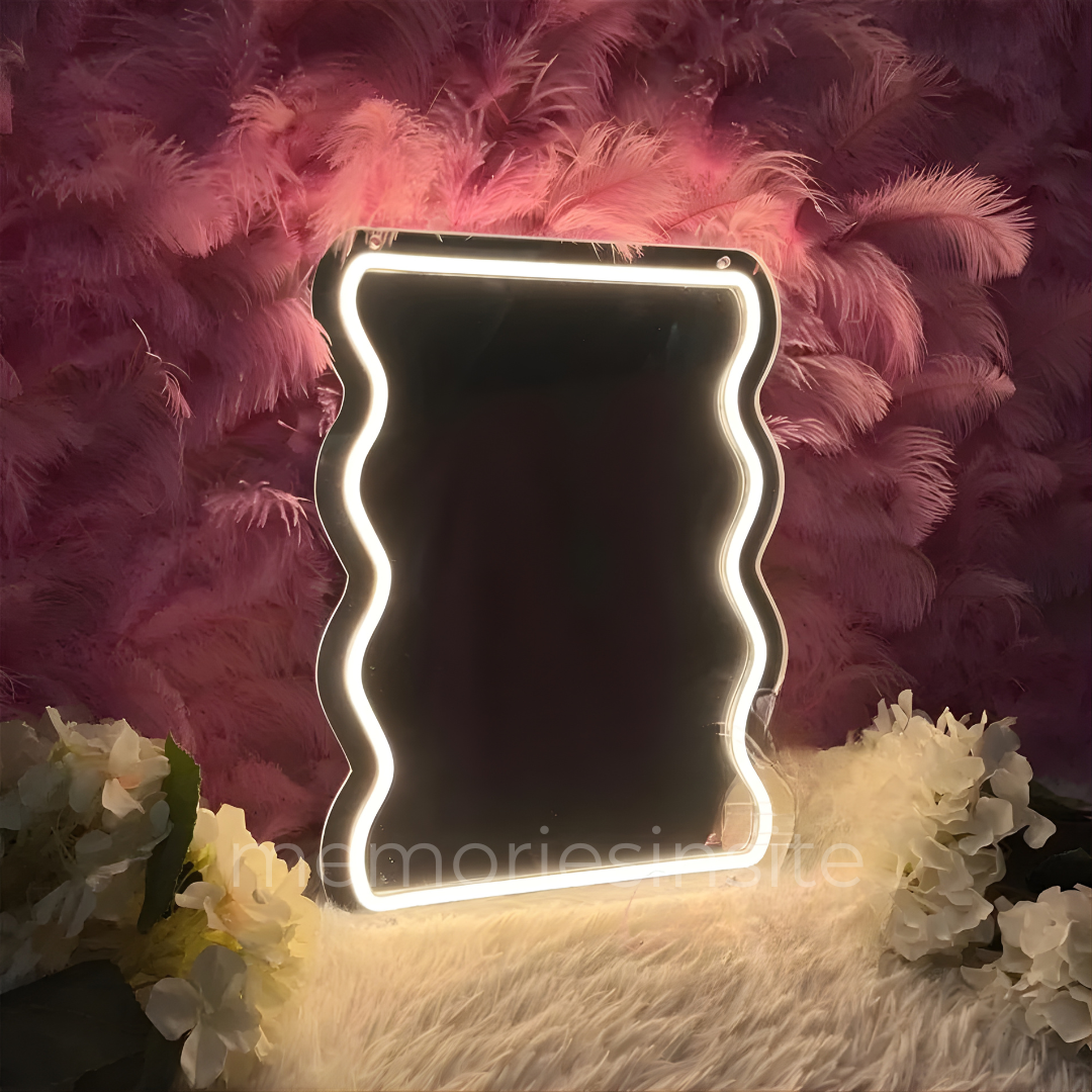 Wavy Rectangle Neon Acrylic Mirror — Modern Warm Glow Wall Decor