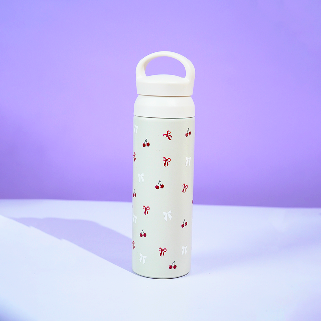 Cherry Charm Water Bottle – Stay Fresh in Style-White