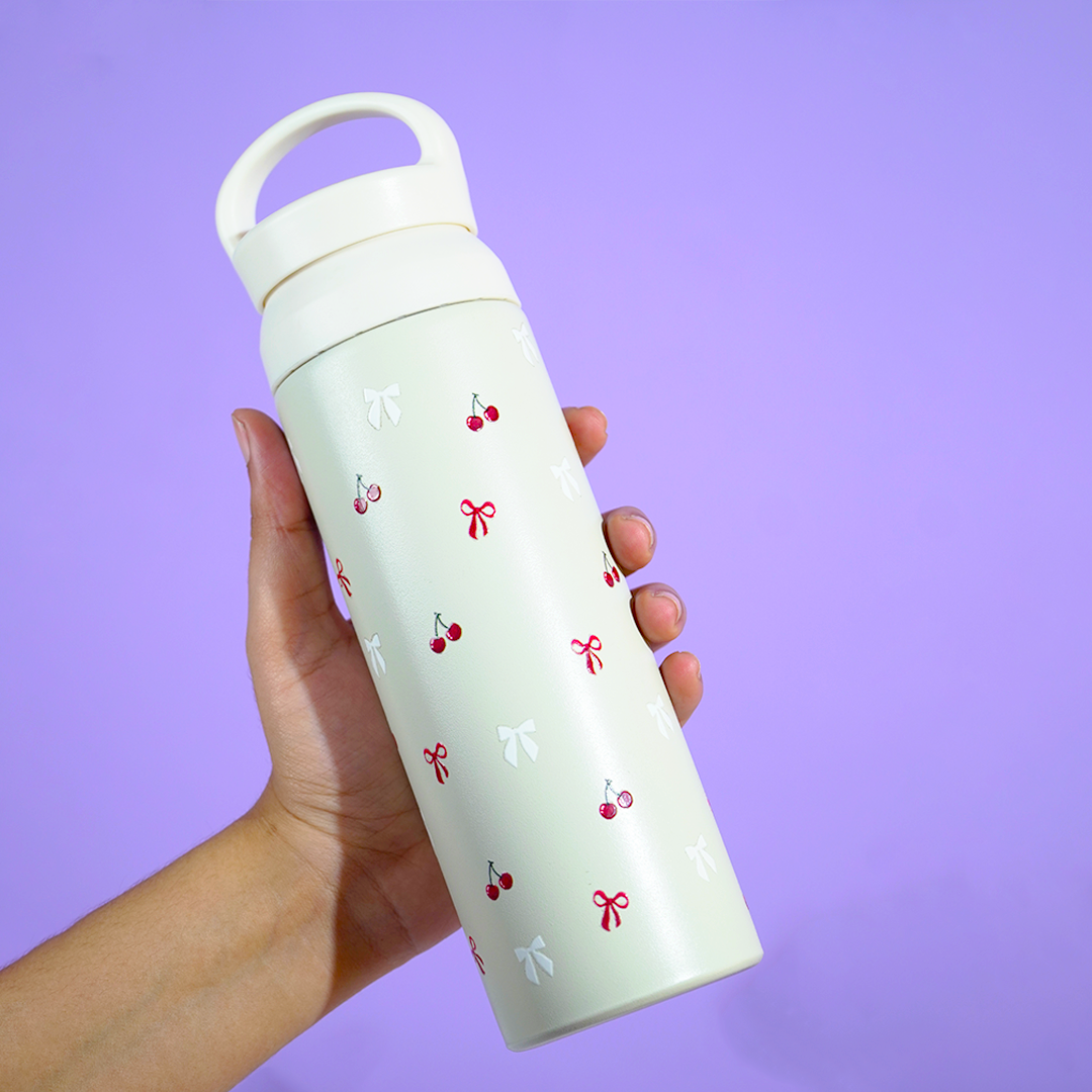 Cherry Charm Water Bottle – Stay Fresh in Style-White