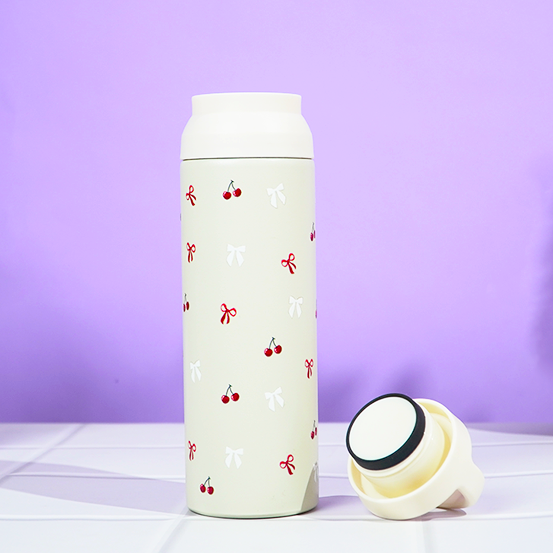 Cherry Charm Water Bottle – Stay Fresh in Style-White
