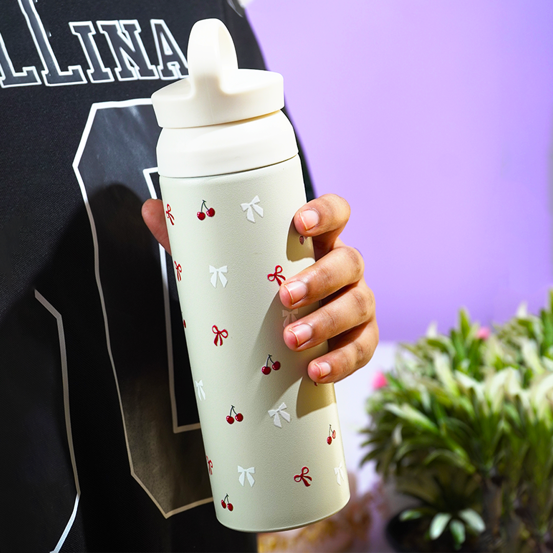 Cherry Charm Water Bottle – Stay Fresh in Style-White