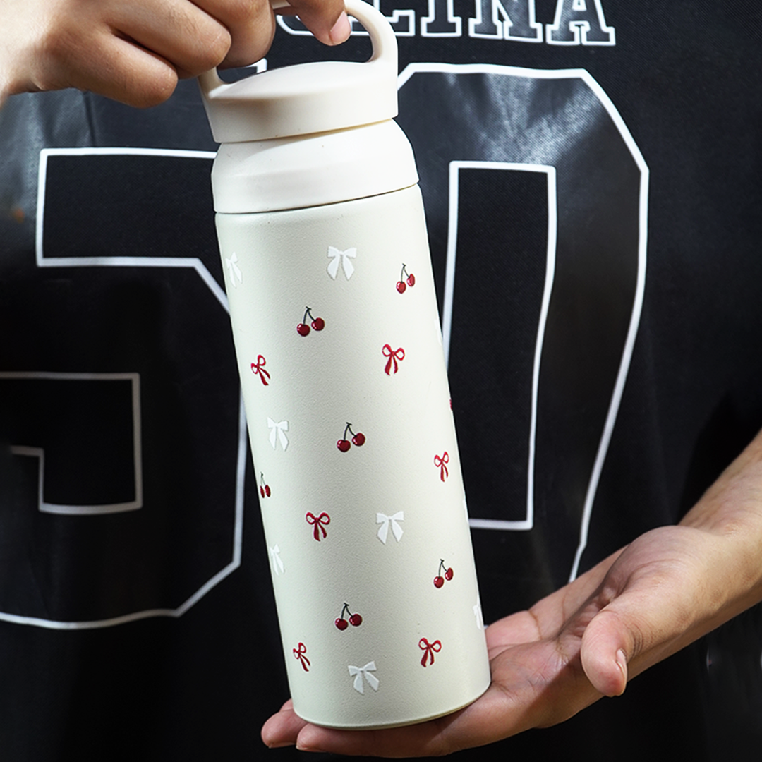 Cherry Charm Water Bottle – Stay Fresh in Style-White