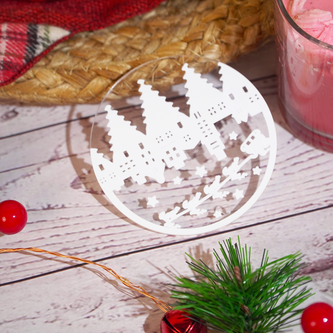 Set of 6 Acrylic Christmas Cityscape Ornaments – Hanging Décor