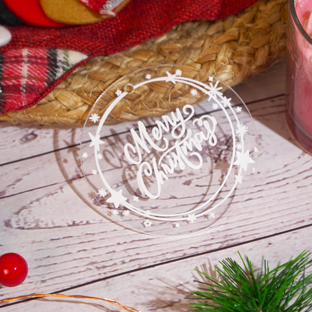 Set of 6 Acrylic Merry Christmas Ornaments – Festive Star Border Hanging Décor
