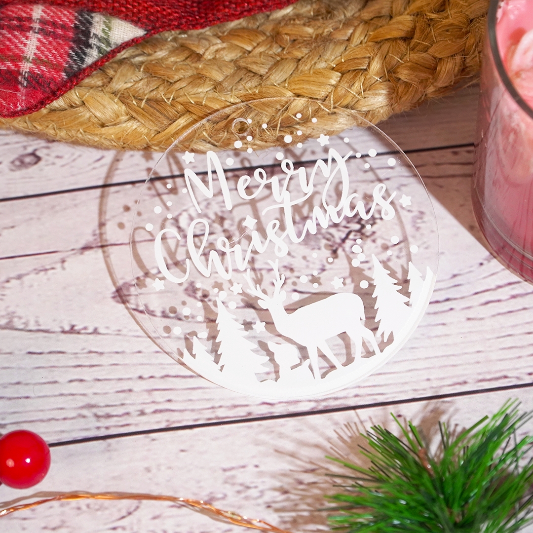 Set of 6 –Merry Christmas Reindeer Scene Acrylic Ornament – Premium Hanging Decoration (8cm)