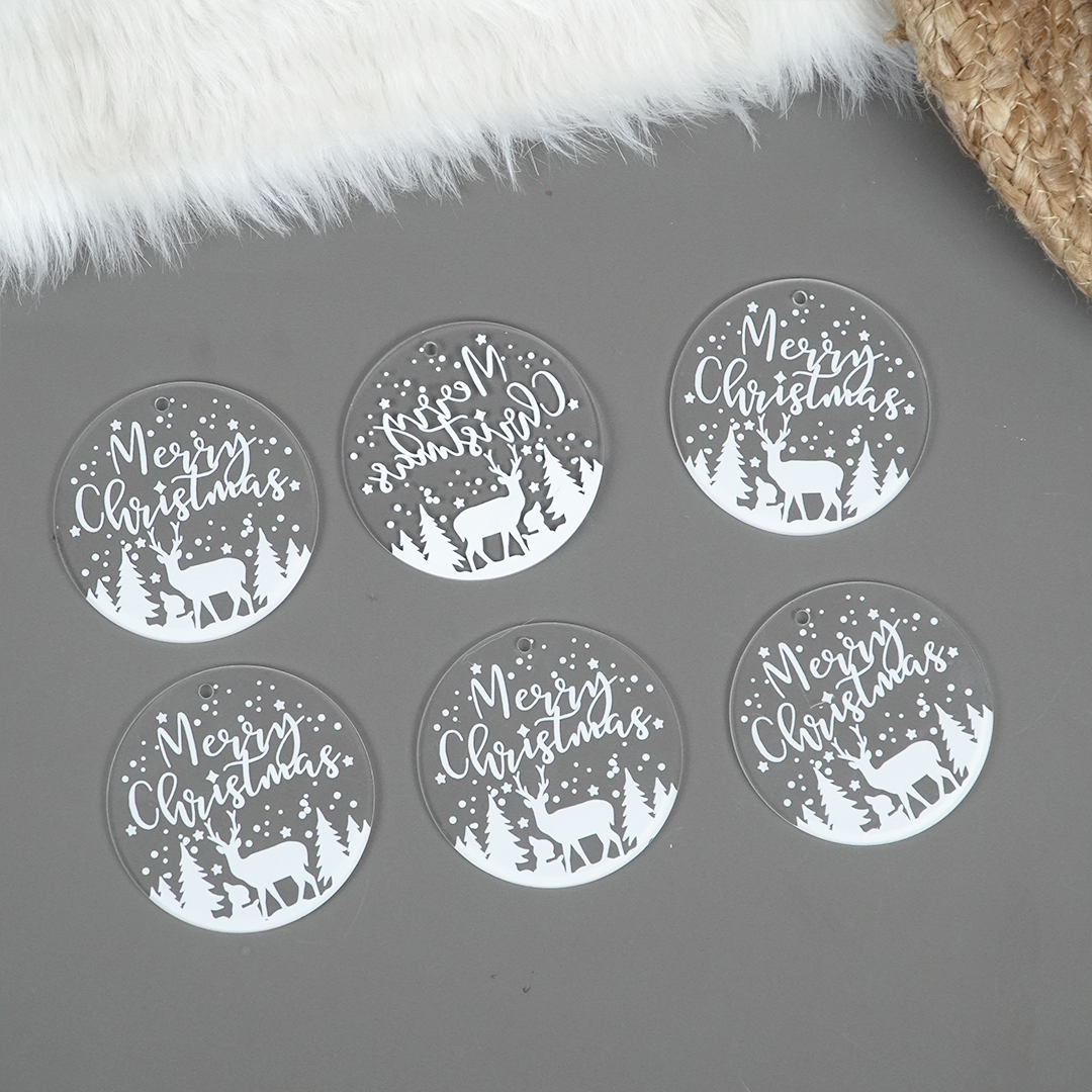 Set of 6 –Merry Christmas Reindeer Scene Acrylic Ornament – Premium Hanging Decoration (8cm)
