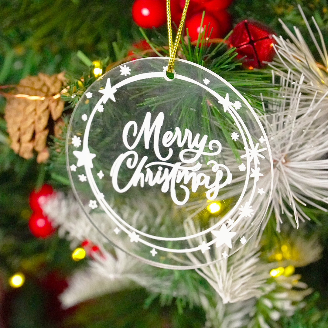 Set of 6 Acrylic Merry Christmas Ornaments – Festive Star Border Hanging Décor