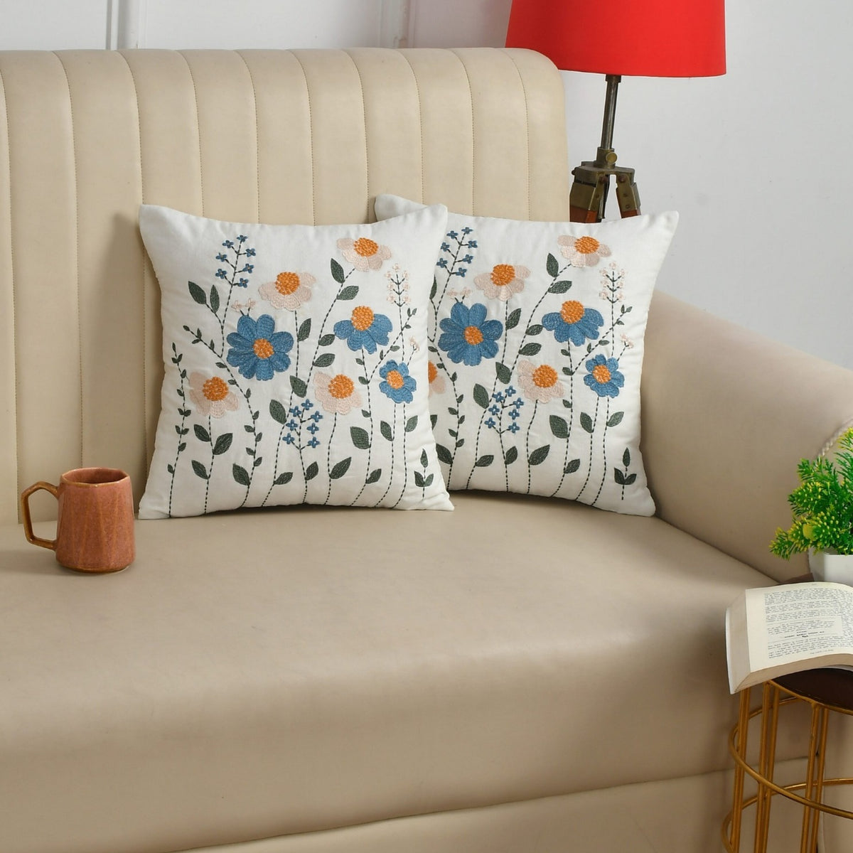 Blue and Yellow Flower Embroidered Cushion Covers for Sofa & Bed – Set of 2
